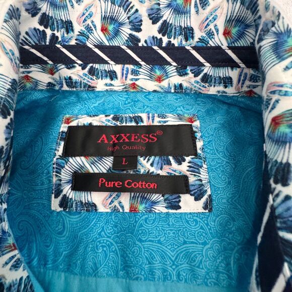 AXXESS Men’s Shirt Large Turquoise Paisley Long Sleeve Button-Up Contrast Collar - Picture 6 of 12